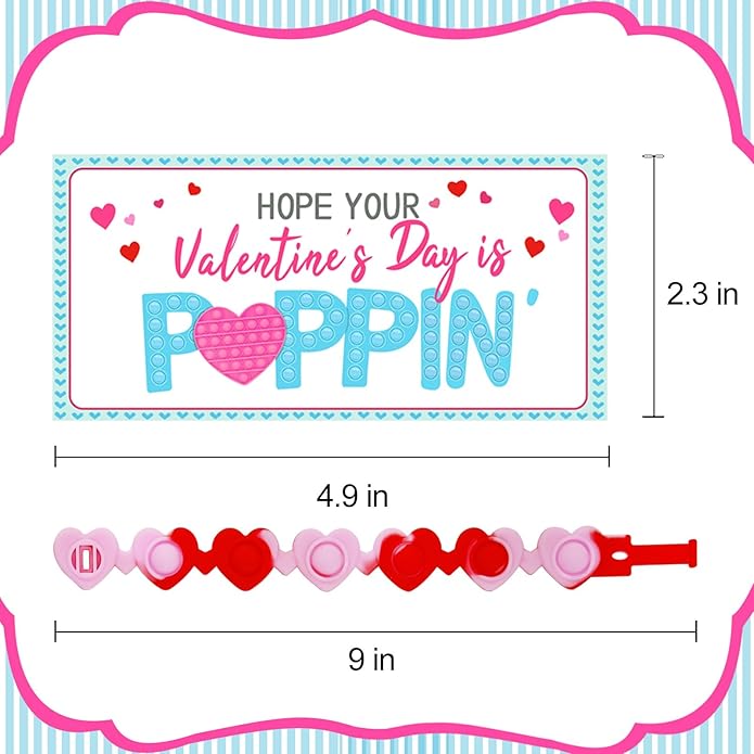 Valentines Day Gifts for Kids - 24 Pack Valentines Cards with Heart POP Bracelets - Sensory Fidget Toys Valentine for School Classroom Gift Exchange Party Favors Supplies for Toddlers Girls Boys