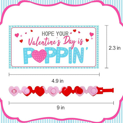 Valentines Day Gifts for Kids - 24 Pack Valentines Cards with Heart POP Bracelets - Sensory Fidget Toys Valentine for School Classroom Gift Exchange Party Favors Supplies for Toddlers Girls Boys