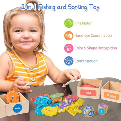 Montessori Toys for Toddlers 1-3,Wooden Magnetic Fishing Game Educational Shape & Color Sorting for Kid 3-5,Boy Girl Preschool Learning Motor Skill Matching Activities Toys for Ages 2-4(Box)