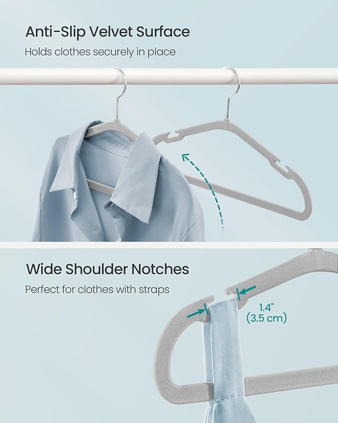 SONGMICS Kids Hangers 50 Pack, 14 x 8 Inches, Baby Hangers for Closet, Non-Slip Velvet Hangers, Childrens Hangers, Space-Saving Clothes Hangers, Wide Shoulder Notches, Dove Gray UCRF038G01
