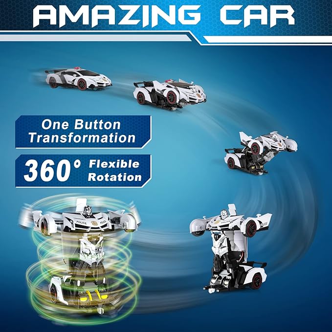 FDJ Remote Control Car - Transform Toys Car Robot, One Button Deformation to Robot with Flashing Light, 2.4Ghz 1:18 Scale Transforming Police Car Kids Toys with 360 Degree Rotating, Girls Boys Toys