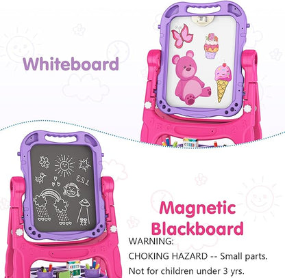Amagoing Easel for Kids, Adjustable Standing Art Easel for Toddler, Double Drawing Board with Painting Accessories, Birthday Christmas Gift for Little Boys and Girls, Middle Size Purple