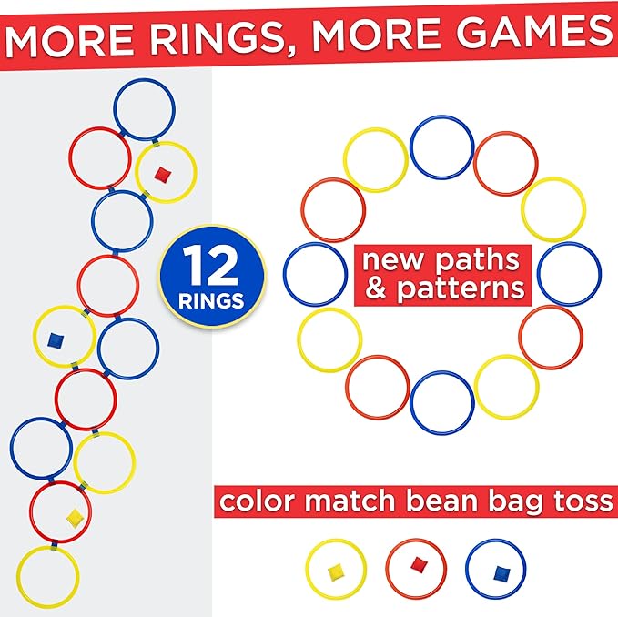 Hopscotch Rings, 12 x 11 Inch Rings & 3 Bean Bags, Play Hopscotch Outdoor & Indoor Obstacle Course for Kids 3-5, Recess Toys & Physical Education Equipment, Gross Motor Games PE Equipment