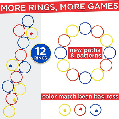 Hopscotch Rings, 12 x 11 Inch Rings & 3 Bean Bags, Play Hopscotch Outdoor & Indoor Obstacle Course for Kids 3-5, Recess Toys & Physical Education Equipment, Gross Motor Games PE Equipment