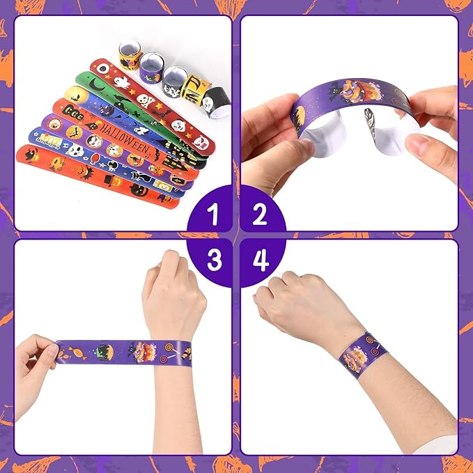 Garma 96Pcs Halloween Slap Bracelets Rubber Wristbands for Halloween Party favors, Kids Girls Boys Toddlers Halloween Gifts
