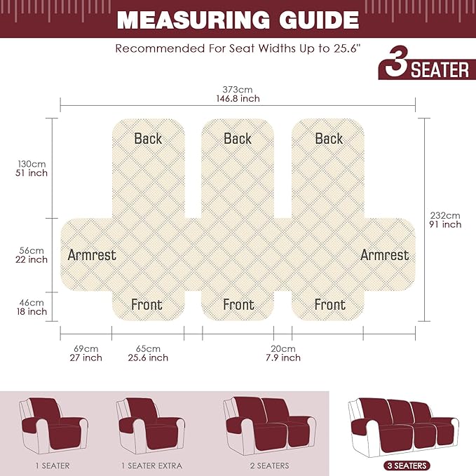 TAOCOCO Recliner Sofa Slipcover Couch Covers for 3 Cushion Couch, Pet Sofa Cover for 3 Seat Recliner Sofa, Washable Reclining Sofa Cover Furniture Protector with Elastic Straps(3 Seater, Wine)