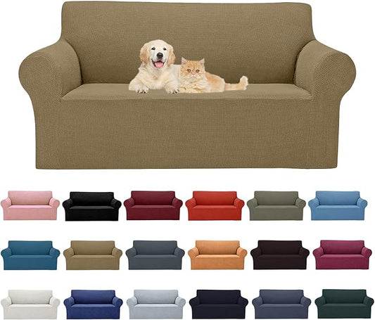 2025 New Stretch Loveseat Sofa Slipcovers Couch Cover for 2 Cushion Furniture Protector Sofa Covers with Elastic Bottom Jacquard Fabric Small Checks for Pets, Kids - Tan
