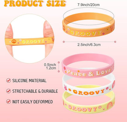 28 Pieces Groovy Retro Hippie Silicone Wristbands Daisy Flower Peace and Love Rubber Bracelets Daisy Party Favors for Kids adults 60s 70s Two Groovy themed Birthday Party Decoration Supplies