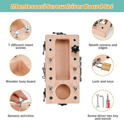 Montessori Screwdriver Board Set with Lock and Key, Montessori Toys for 3 4 5 Year Old, Wooden Screw Driver Activities Tools, Fine Motor Skills Preschool Learning Sensory Toy