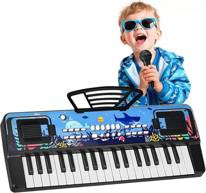 Upgraded 37 Keys Kids Piano Keyboard with Microphone Music Stand – Portable Musical Toys for Toddlers Ages 3 4 5 6 Boys Girls Birthday Gift - Black