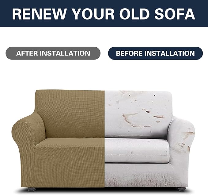 2025 New Stretch Loveseat Sofa Slipcovers Couch Cover for 2 Cushion Furniture Protector Sofa Covers with Elastic Bottom Jacquard Fabric Small Checks for Pets, Kids - Tan