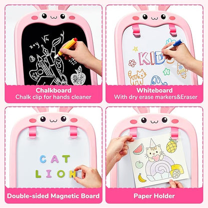 Adjustable Standing Toddler Art Easel with educatinal Accessories for Kid,4-in-1 Double-Side Magnetic Chalkboard&Whiteboard,Dry Eraser Board,Detachable&Portable,Ideal Birthday Gift for2-4,Bunny