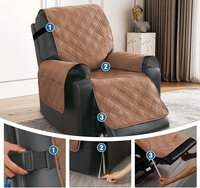 H.VERSAILTEX 100% Waterproof Nonslip Recliner Cover Stay in Place Recliner Couch Slipcover for Large Power Lift Recliner with Side Pocket Washable Reclining Furniture Protector,Terracotta/Beige