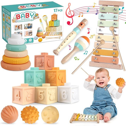 Wuzhineisn Baby Toys 6-12 Months Montessori Toys 6 in 1 Musical Instruments for Toddler, Stacking Blocks Development Learning Educational Toy with Wooden Xylophone Infant Baby Birthday Easter Gift