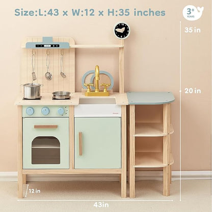 Play Kitchen for Kids, Wooden Toy Play Kitchen Chef Pretend Play Set for Toddlers with Stove, Oven, Utensils and Sink, Toys Kitchen with Cookware Accessories for 3+ Year Old Girls & Boys