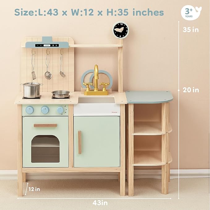 Play Kitchen for Kids, Wooden Toy Play Kitchen Chef Pretend Play Set for Toddlers with Stove, Oven, Utensils and Sink, Toys Kitchen with Cookware Accessories for 3+ Year Old Girls & Boys