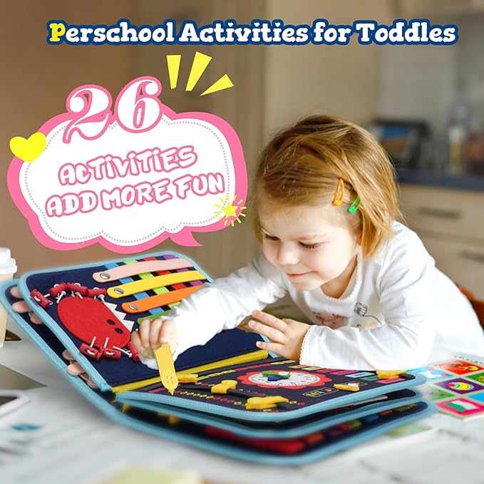 Toddler Busy Board Book Montessori Toys,Sensory Book Educational Activities for Learning Fine Motor Skills, Quiet Travel Essentials for Airplane & Car, Birthday Gift for Boys Girls Toddlers