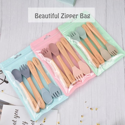 Ginbear Silicone Baby Spoon and Fork Set Self-feeding, Baby Flatware Sets, Toddler Feeding Utensils for Child 6 Months+ (Hazy Green/Almond)