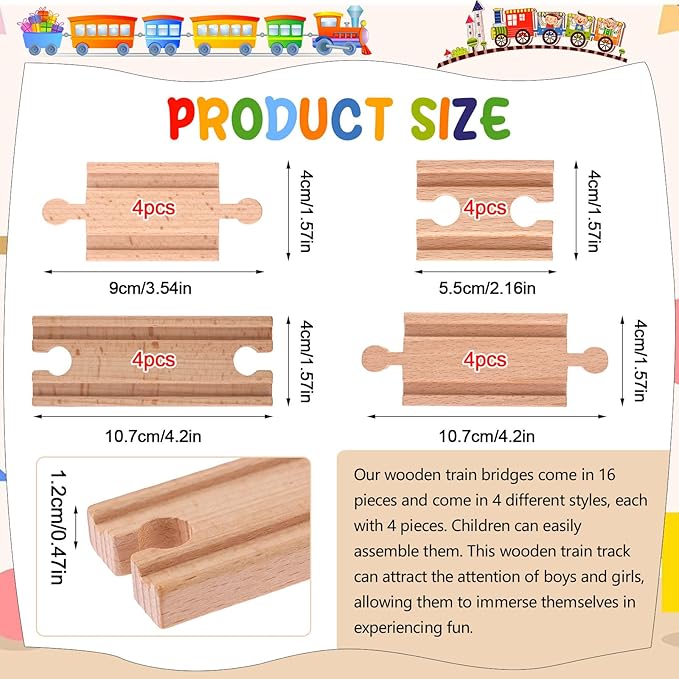 16 Pcs Straight Wooden Tracks Expansion Wood Train Track Connectors and Adapters Male Male Female Female Train Track Accessories Wood Train Track Pieces Train Bridge for Most Major Toy Trains Railway
