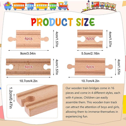 16 Pcs Straight Wooden Tracks Expansion Wood Train Track Connectors and Adapters Male Male Female Female Train Track Accessories Wood Train Track Pieces Train Bridge for Most Major Toy Trains Railway