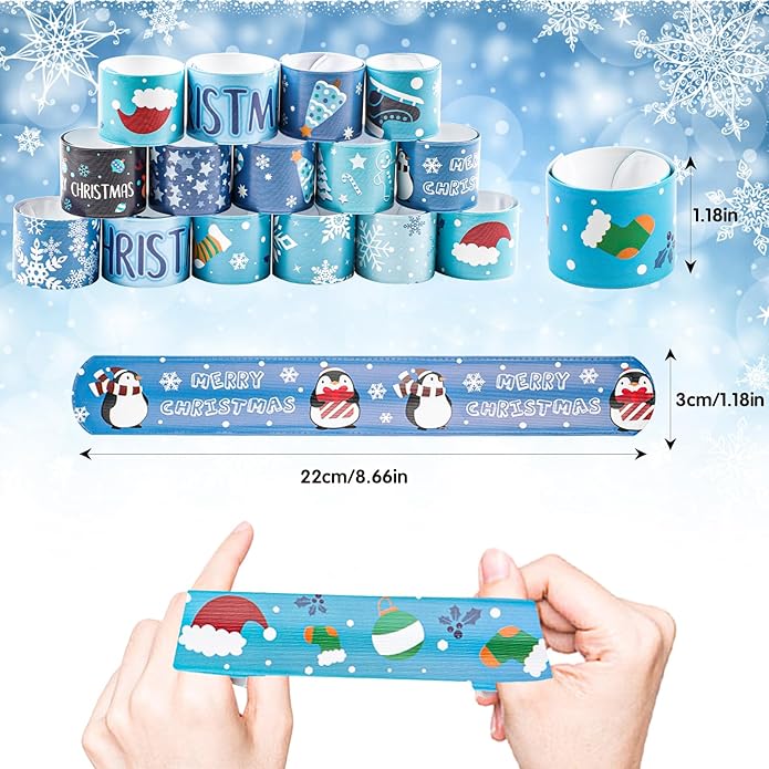 KIMOBER 48PCS Christmas Slap Bracelets,Assorted Snap Wristbands with Xmas Elements for Kids Party Favors