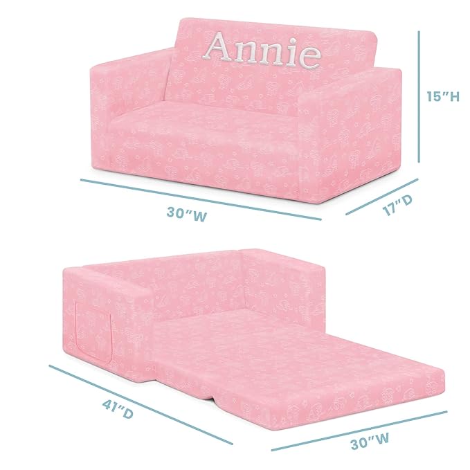 Delta Children Serta Perfect Sleeper Personalized Extra Wide Convertible Sofa to Lounger, Comfy 2-in-1 Flip Open Couch/Sleeper for Kids, Pink