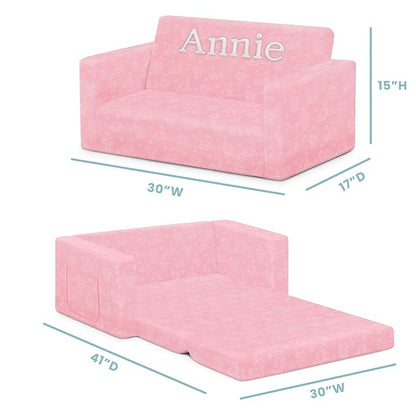 Delta Children Serta Perfect Sleeper Personalized Extra Wide Convertible Sofa to Lounger, Comfy 2-in-1 Flip Open Couch/Sleeper for Kids, Pink