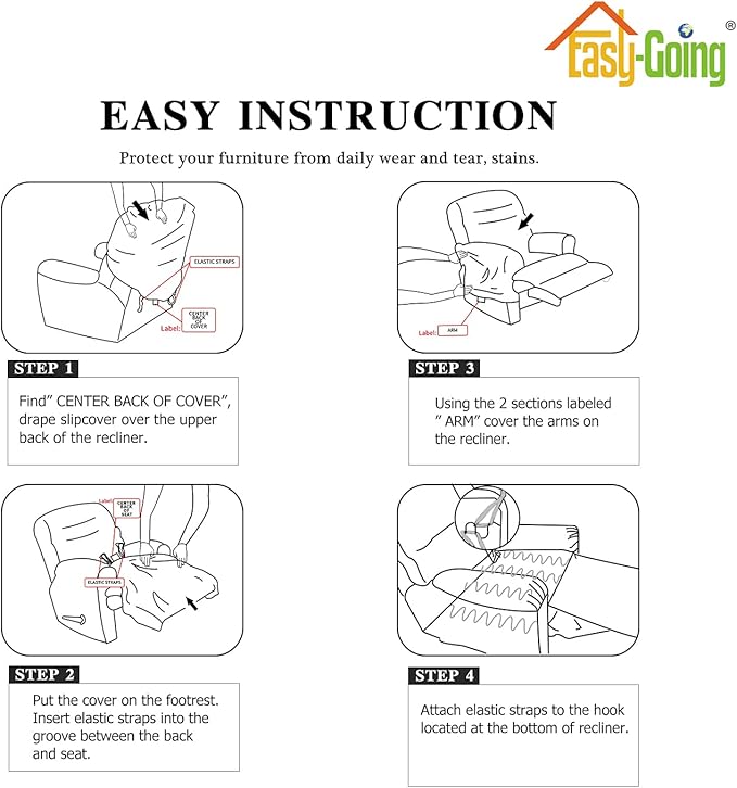 Easy-Going 4 Pieces Microfiber Stretch Recliner Slipcover – Spandex Soft Fitted Sofa Couch Cover, Washable Furniture Protector with Elastic Bottom for Kids, Pet(Recliner, Camel)