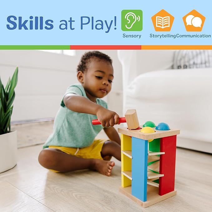 Melissa & Doug Deluxe Pound and Roll Wooden Tower Toy With Hammer - Pound A Ball, Educational Toddler Toys, Wooden Pounding Bench For Ages 2+