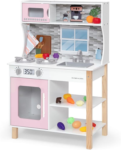 Delta Children Tiny Chef Play Kitchen - Toy Kitchen Playset with Realistic Knobs That Turn/Click, Oven, Sink, Microwave and 15 Pieces of Play Food, Pink