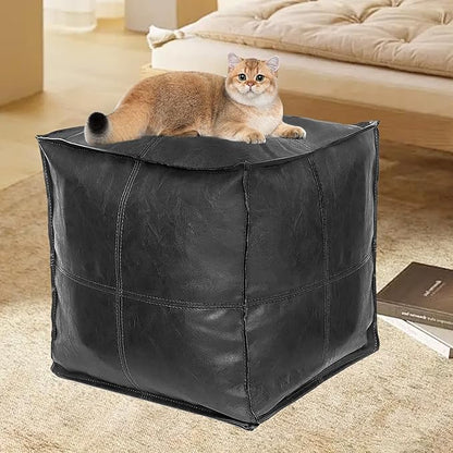 Louis Donné 17.7" Black Square Unstuffed Pouf Ottoman Cover Footstool Handmade Faux Leather Pouffe for Reading Storage Toy Square Ottoman for Living Room Balcony Office Outdoor Floor Chair Only Cover