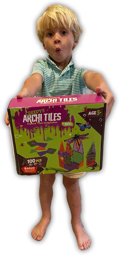 Creepy Archi Tiles - Magnetic Tiles for Kids - Colorful Construction Building Blocks with Bugs, Storage Bag, Stickers, Tweezers - Creative Educational Toys for Toddlers - 100pc Set