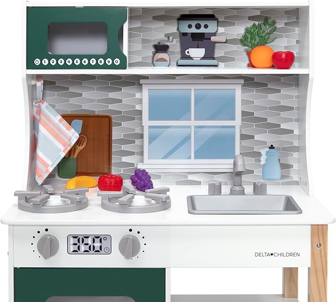 Delta Children Tiny Chef Play Kitchen - Toy Kitchen Playset with Realistic Knobs That Turn/Click, Oven, Sink, Microwave and 15 Pieces of Play Food, Green