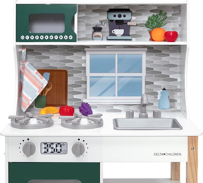 Delta Children Tiny Chef Play Kitchen - Toy Kitchen Playset with Realistic Knobs That Turn/Click, Oven, Sink, Microwave and 15 Pieces of Play Food, Green