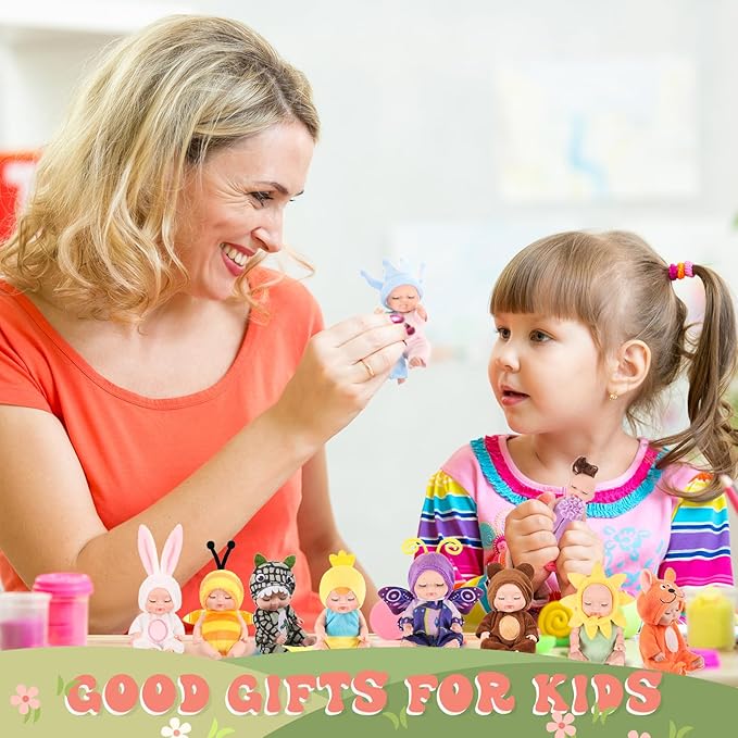 Hanaive 10 Pcs 4 Inch Mini Baby Dolls Lifelike Realistic Tiny Baby Dolls with Animal Clothes Cute Infant Figurine Gifts Set for Toddlers Girls Kids 3+ Easter Graduation Birthday(Cute Style)