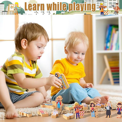 Blosssound 40 Pcs Wooden Community Helpers Toys Wooden Cars Set Wood People Figures Multicultural Career Wood Blocks for Preschool Classroom Diversity Play Games Educational Activity Supplies