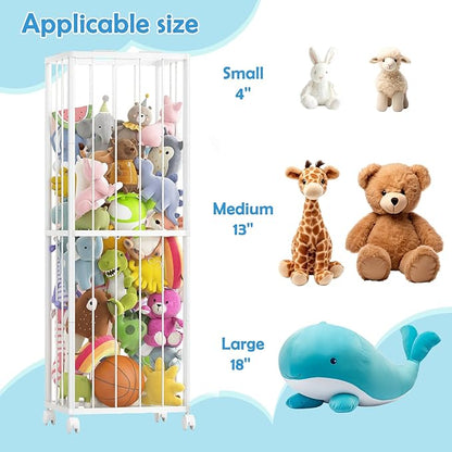 Fixwal Stuffed Animal Storage Zoo Metal Tube Extra Large Plushies Storage Stuffed Animals Holder Kids Toy Organizers and Storage with Elastic Band and Net for Playroom Bedroom White 61 x 17 x 12.6