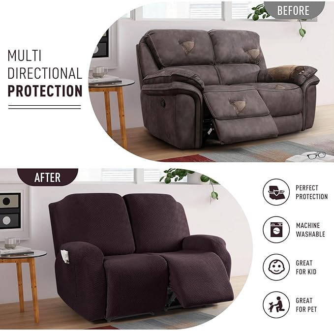 KinCam Recliner Covers, Stretch Reclining Chair Covers, Recliner Sofa Slipcovers Stripe Jacquard Recliner Couch Covers Furniture Protector Covers for Pet Kid (2 Seater, Chocolate)