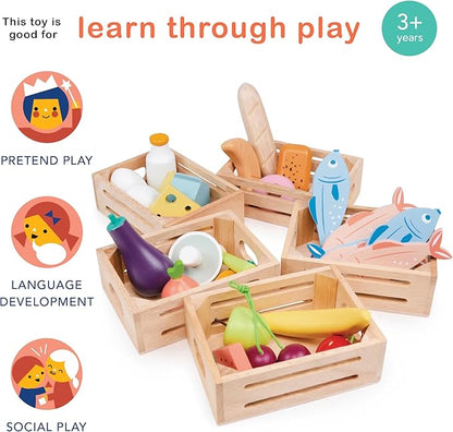 Mentari Toys - Allotment Crate - 6pc Wooden Crate with Vegetable Food Items - Market Pretend Play Toy Food - Play Kitchen Accessories - Imaginative Play Set for Toddlers and Kids - Age 3+