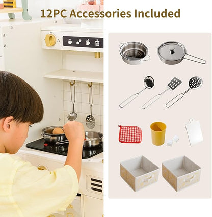 Play Kitchen Sets for Kids Ages 4-8 Pretend Wooden Kids Kitchen Playset Toy Kitchen with Real Sound& Light &Toy Storage System&12 Pcs Toddler Kitchen Accessories, for Boys and Girls,White Gold