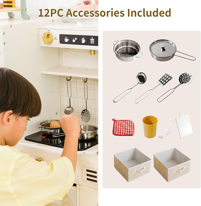 Play Kitchen Sets for Kids Ages 4-8 Pretend Wooden Kids Kitchen Playset Toy Kitchen with Real Sound& Light &Toy Storage System&12 Pcs Toddler Kitchen Accessories, for Boys and Girls,White Gold