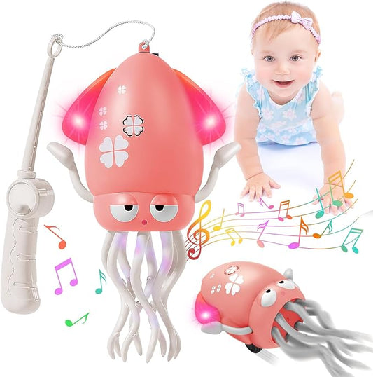 Plnmlls Dancing Octopus Toy,Tummy Time Toys,with Music and LED Light,Built-in Rechargeable Battery and Volume Can be Turned Off for 6-12 12-18 36 Months Walking Toddler Birthday Gift(Pink)