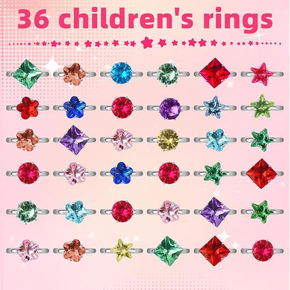 Little Girl Jewel Rings, Adjustable Pink Rings Girls Kids Pretend Play and Dress up Jewelry Set, Cute Rings with Display Case Party Favors Toys Gifts