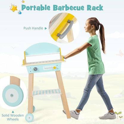 INFANS Kids Grill Playset, Wooden Pretend BBQ Toy Set with 21 Food Accessories, Role Play Kitchen Cooking Set Gift for Toddlers Boys Girls Age 3+