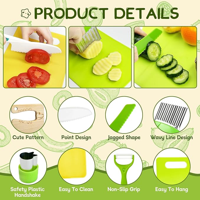 Chanking 13 Pieces Kids Safe Knife Set for Real Cooking Child-Friendly Plastic Chef Tools Montessori Kitchen Toys for Toddlers Birthday Gifts for Boys and Girls Ages 4+ (A)