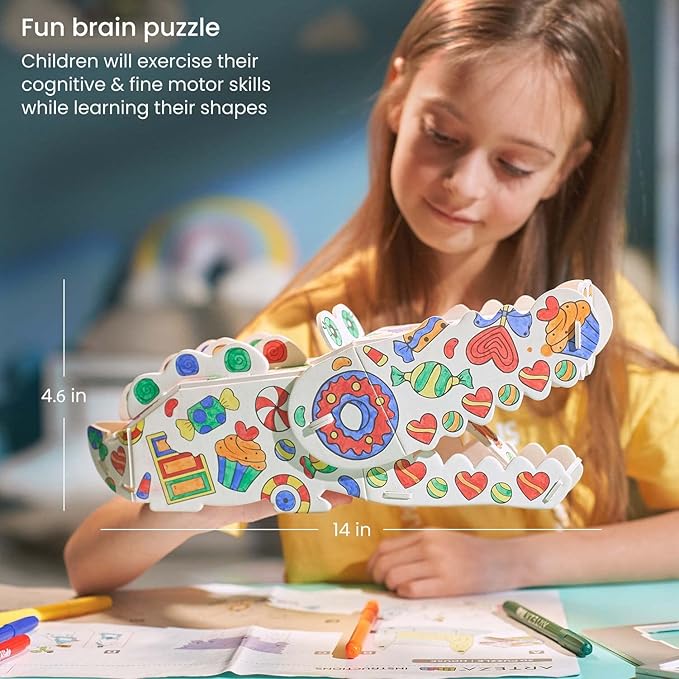 Arteza Kids 3D Coloring Puzzle Set, 1 Alligator to Craft, Model Kit with 10 Foam Pieces, 5 Nontoxic Markers, & Easy-to-Follow Instructions, Art Supplies for Kids’ Activities
