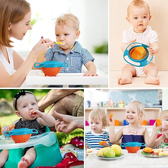 BPA Free Anti Spill 360 Rotate Gyro Bowl for Babies, Universal Kids Feeding Tableware (Gray/Orange), Small, Orange/Gray
