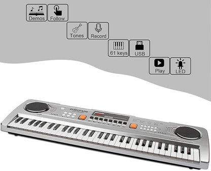 LeeQee Digital Keyboard Piano for Kids & Beginners, 61 Keys Multifunction Electric Piano Keyboard with Microphone, Educational Instrument Musical Toy for 3-12 Years Old Boys Girls (Silver)