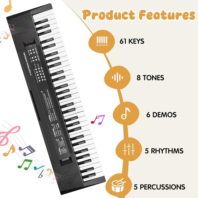 61 Keys Kids Piano Keyboard Toy with Mic – Portable Electronic Piano for 3 4 5 6 7 8 Girls Boys Beginners Birthday Xmas Gifts, Black