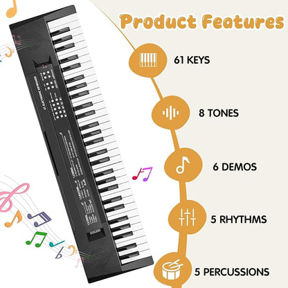 61 Keys Kids Piano Keyboard Toy with Mic – Portable Electronic Piano for 3 4 5 6 7 8 Girls Boys Beginners Birthday Xmas Gifts, Black